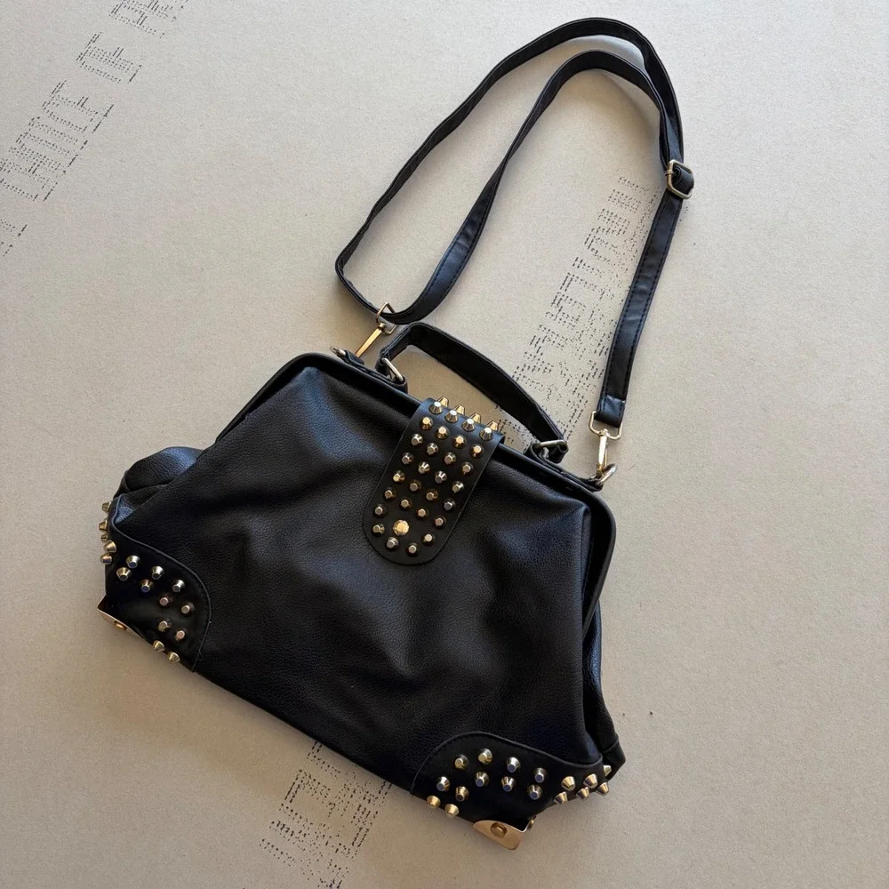 Y2K Unbranded Studded Biker Rockstar Grunge Doctor Bag Satchel Crossbody Black